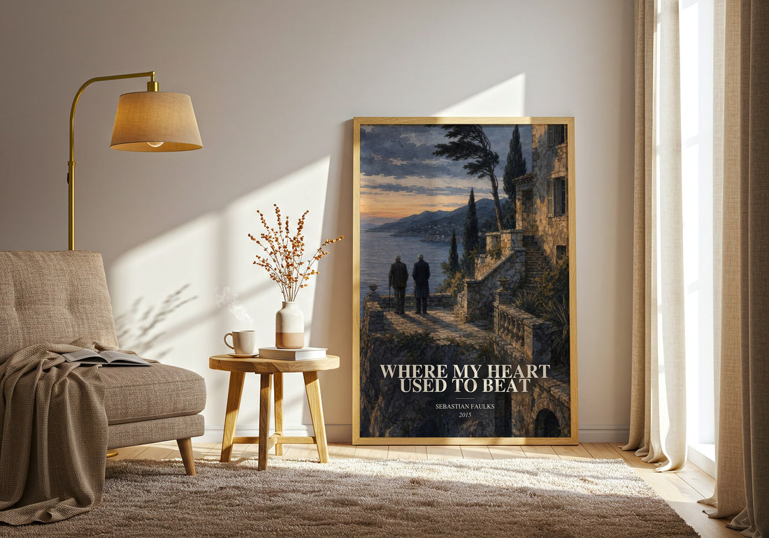 Where My Heart Used to Beat watercolour print in frame leaning in hallway – historical fiction wall art (mockup)