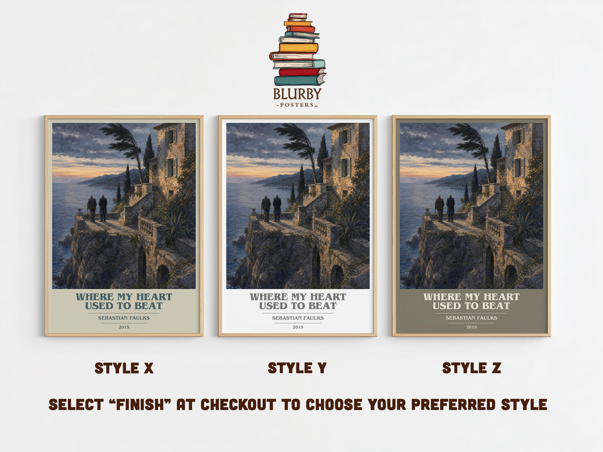 Where My Heart Used to Beat book cover print in frame leaning in hallway – historical fiction wall art (mockup)