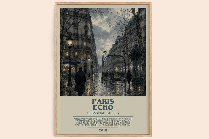 Paris Echo bookish book poster by Sebastian Faulks – framed literary art print