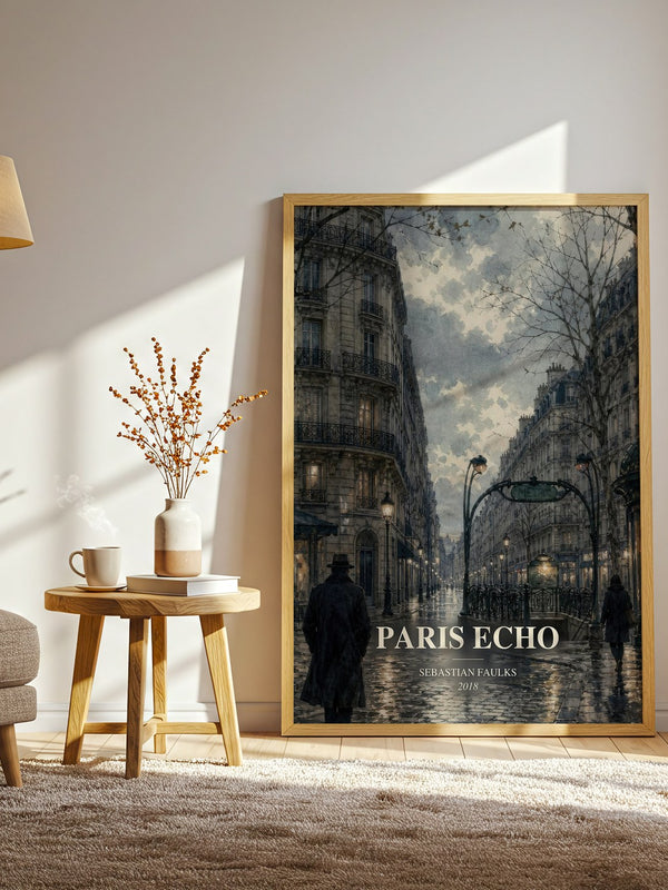 Paris Echo watercolour print in frame leaning in hallway – literary fiction wall art