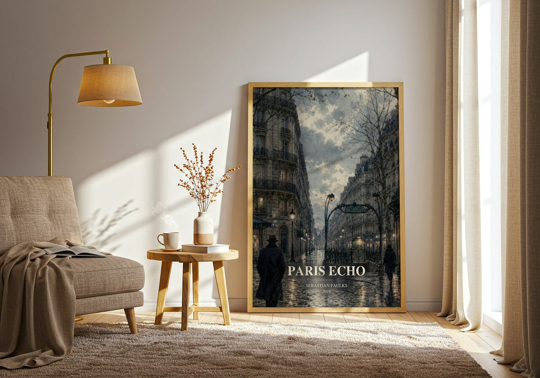 Paris Echo watercolour print in frame leaning in hallway – literary fiction wall art (mockup)