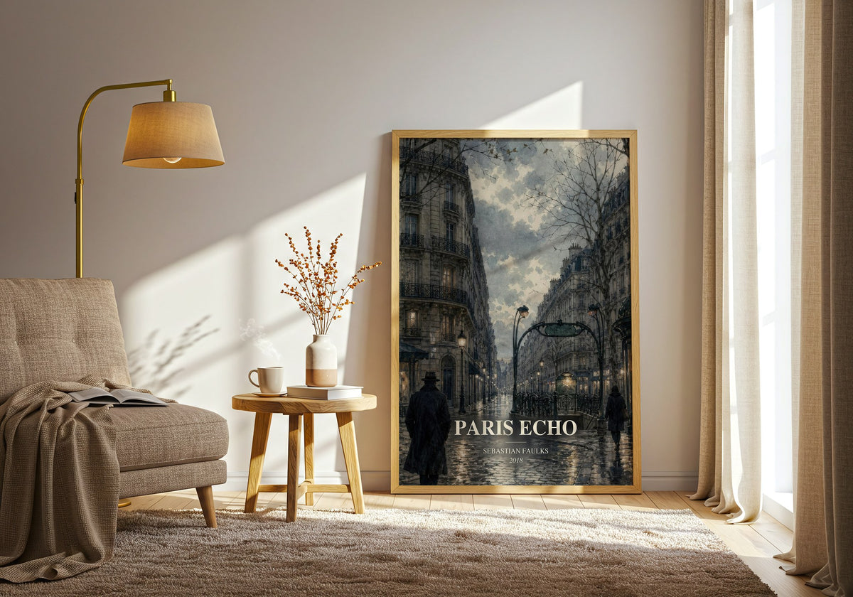 Paris Echo watercolour print in frame leaning in hallway – literary fiction wall art (mockup)