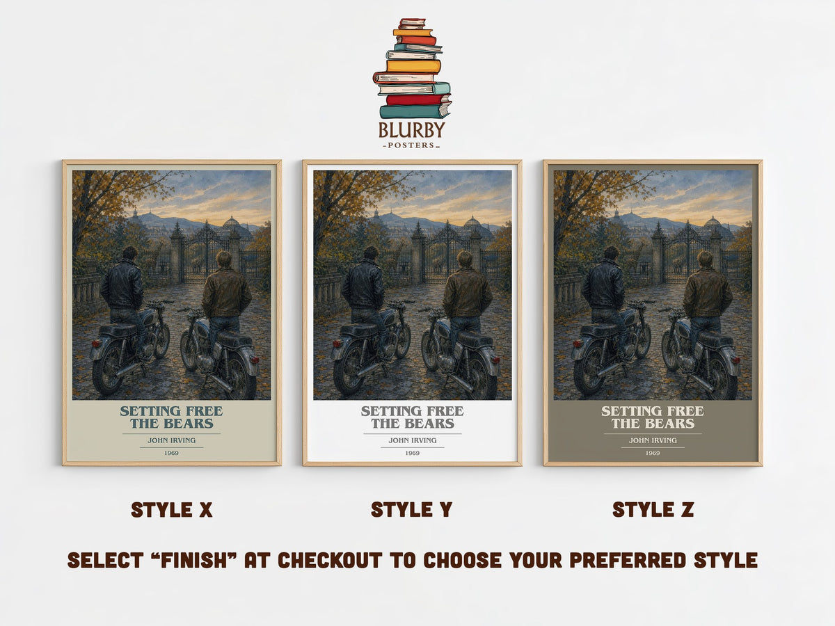 Setting Free the Bears book cover print in frame leaning in hallway – literary fiction wall art (mockup)