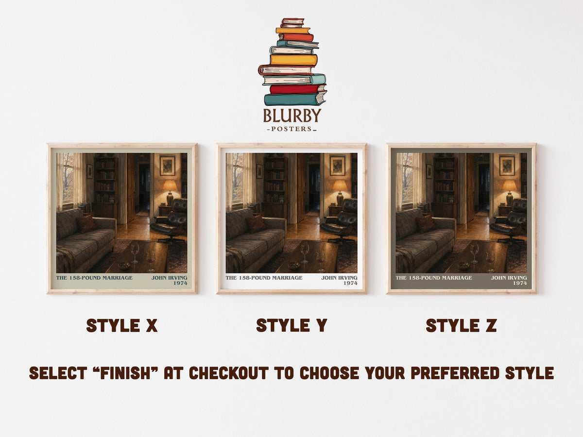 The 158-Pound Marriage literary print in frame leaning in hallway – literary fiction wall art (mockup)