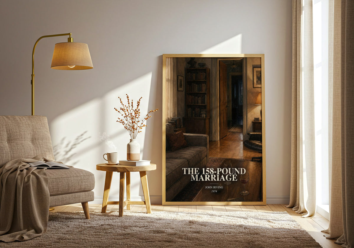 The 158-Pound Marriage watercolour print in frame leaning in hallway – literary fiction wall art (mockup)