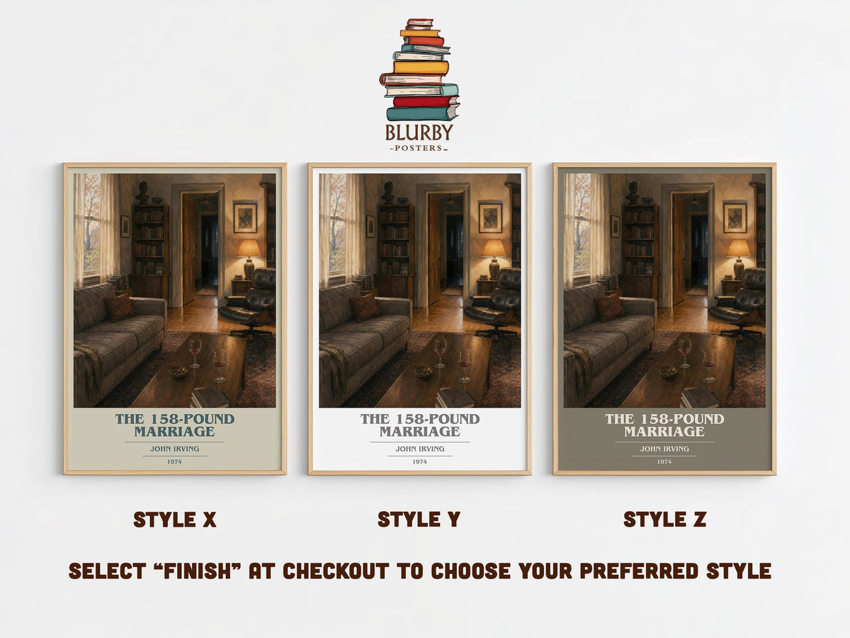 The 158-Pound Marriage book cover print in frame leaning in hallway – literary fiction wall art (mockup)