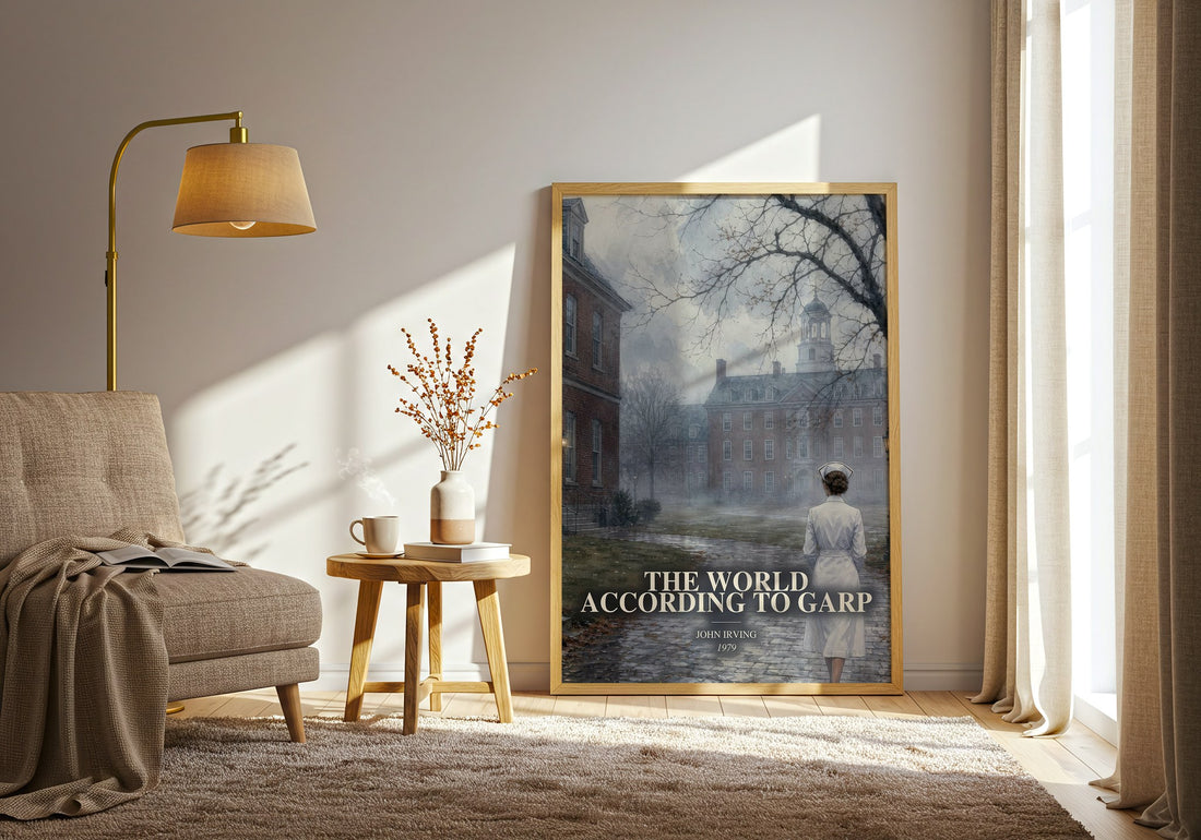 The World According to Garp watercolour print in frame leaning in hallway – literary fiction wall art (mockup)