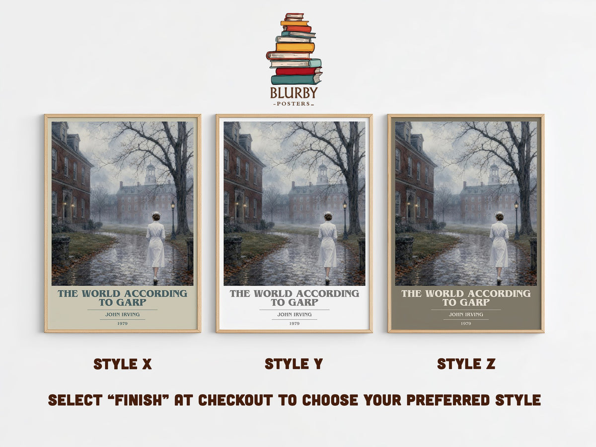 The World According to Garp book cover print in frame leaning in hallway – literary fiction wall art (mockup)