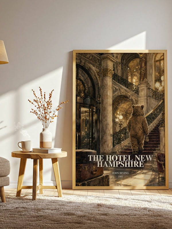 The Hotel New Hampshire watercolour print in frame leaning in hallway – literary fiction wall art