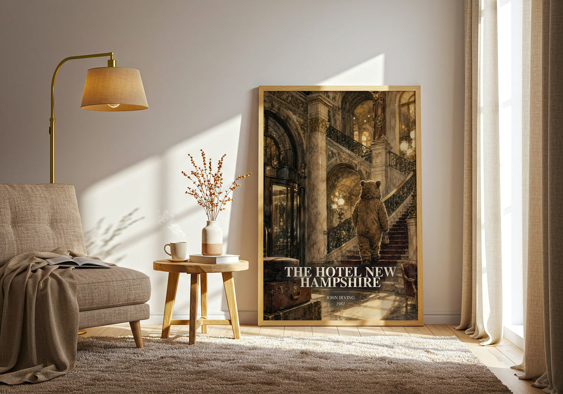 The Hotel New Hampshire watercolour print in frame leaning in hallway – literary fiction wall art (mockup)