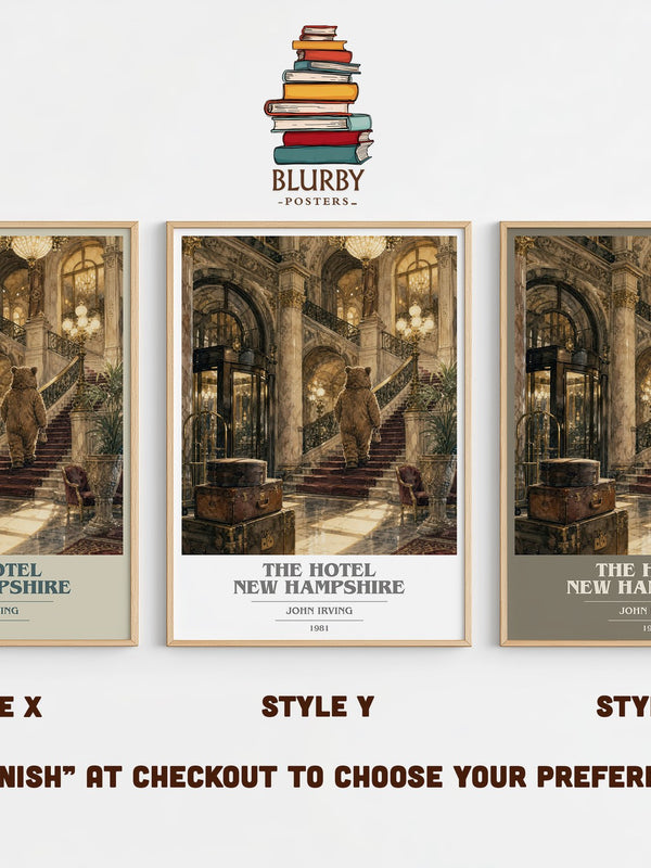 The Hotel New Hampshire book cover print in frame leaning in hallway – literary fiction wall art