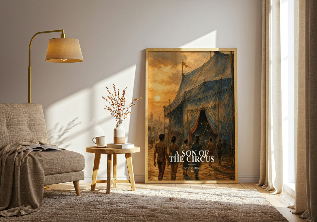 A Son of the Circus watercolour print in frame leaning in hallway – literary fiction wall art (mockup)