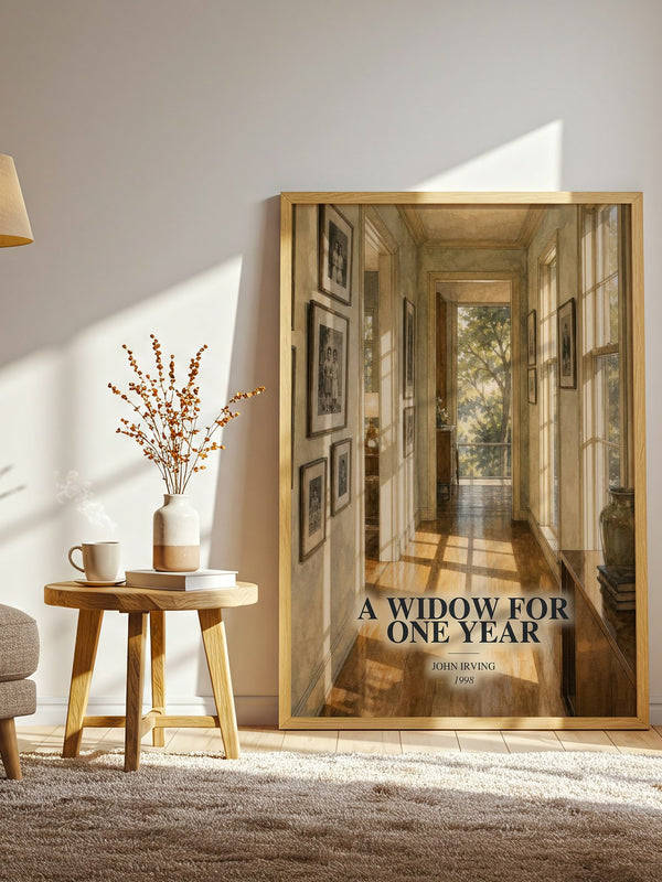A Widow for One Year watercolour print in frame leaning in hallway – literary fiction wall art