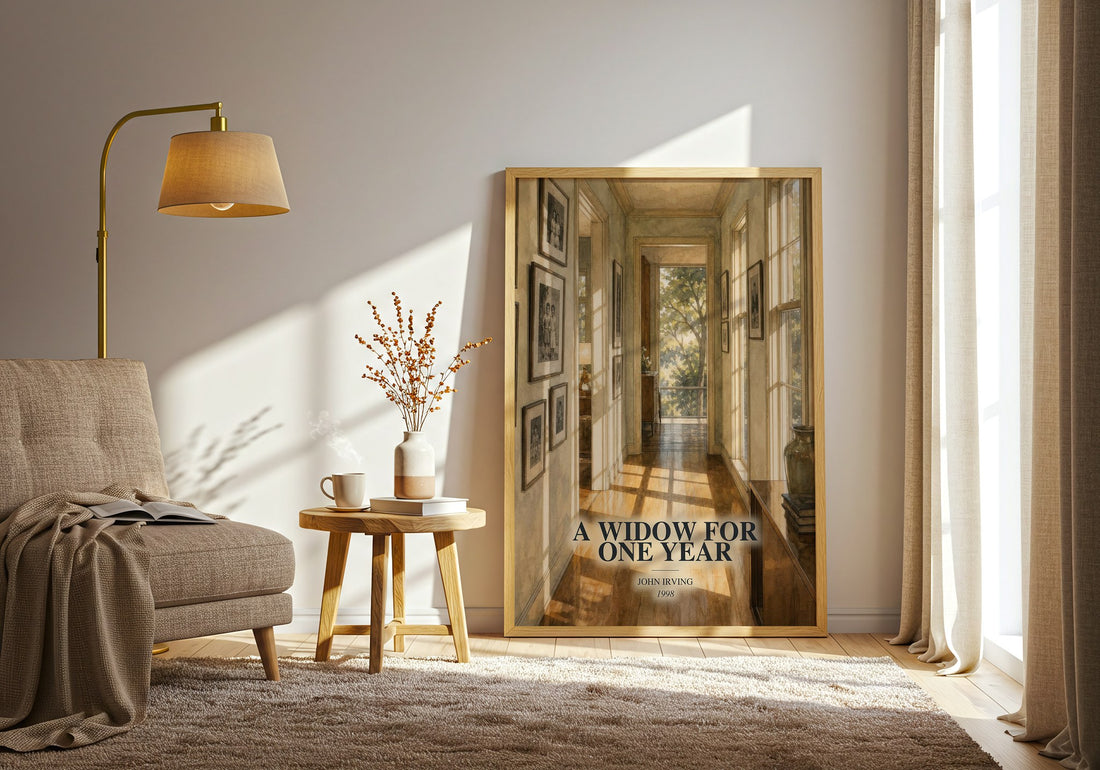 A Widow for One Year watercolour print in frame leaning in hallway – literary fiction wall art (mockup)