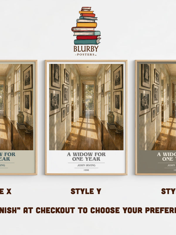 A Widow for One Year book cover print in frame leaning in hallway – literary fiction wall art