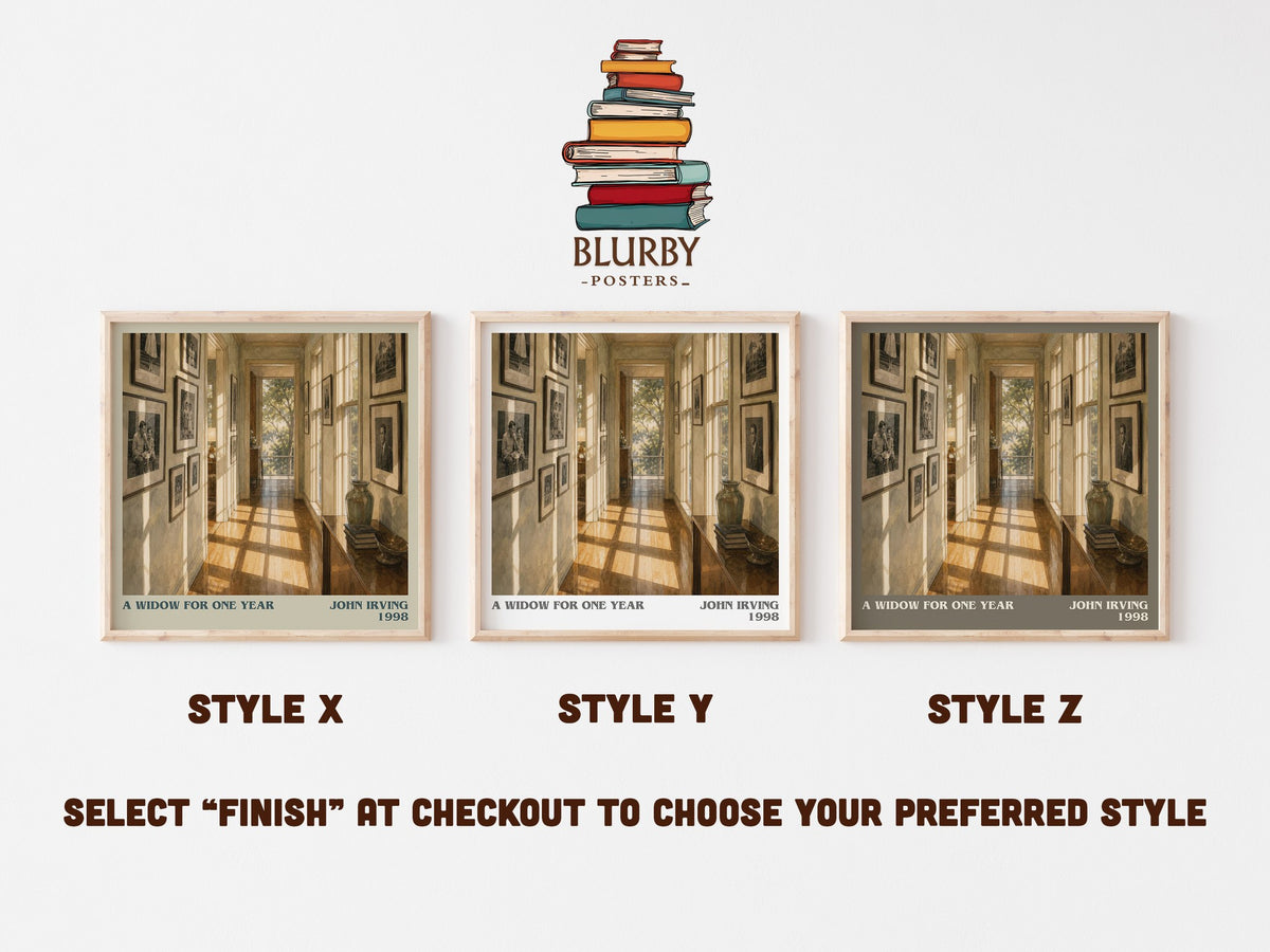 A Widow for One Year literary print in frame leaning in hallway – literary fiction wall art (mockup)