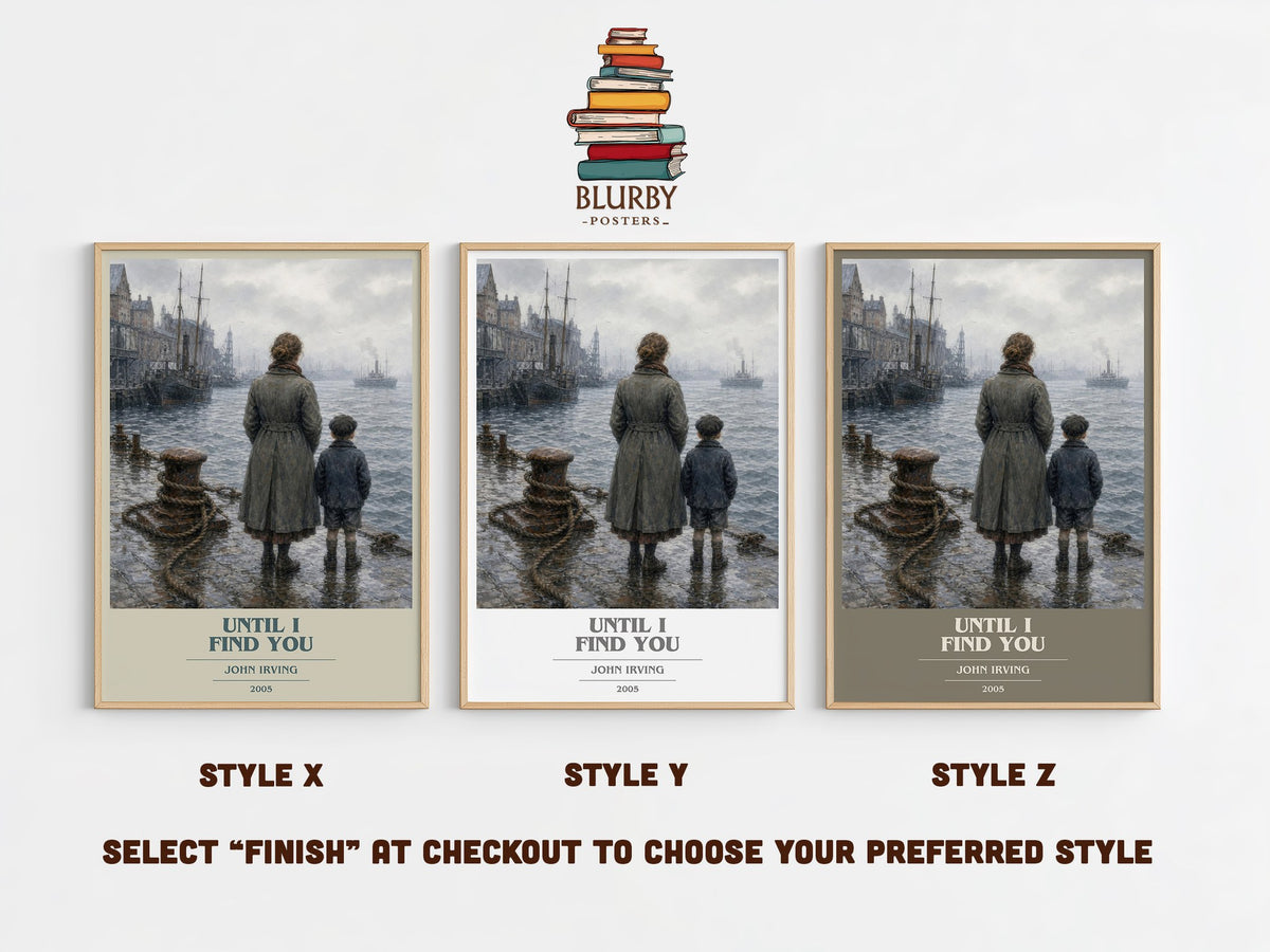 Until I Find You book cover print in frame leaning in hallway – literary fiction wall art (mockup)