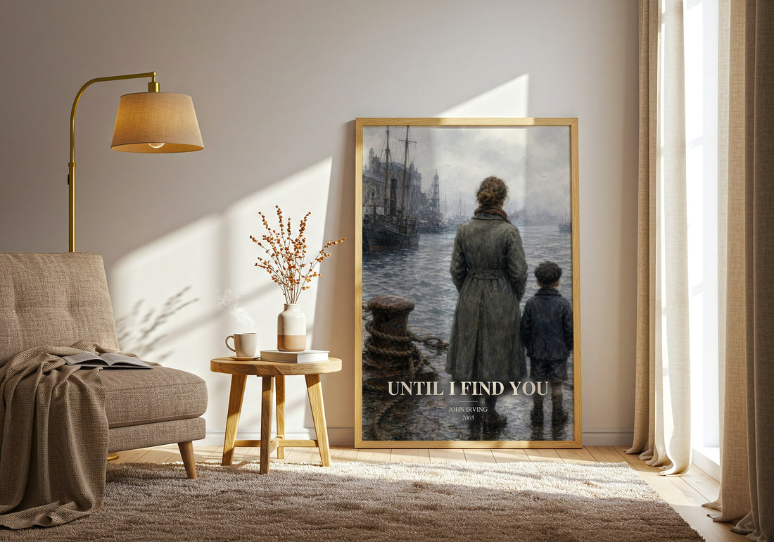 Until I Find You watercolour print in frame leaning in hallway – literary fiction wall art (mockup)