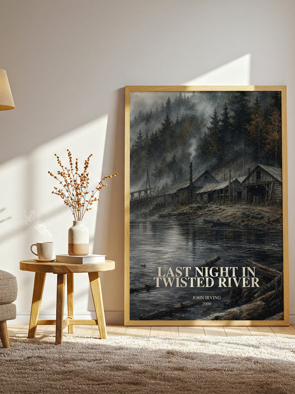 Last Night in Twisted River watercolour print in frame leaning in hallway – literary fiction wall art