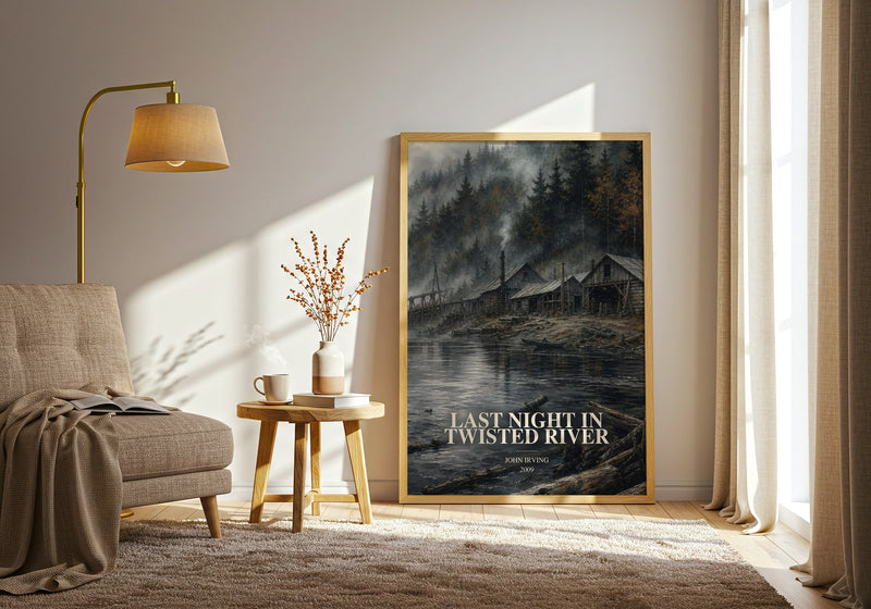 Last Night in Twisted River watercolour print in frame leaning in hallway – literary fiction wall art