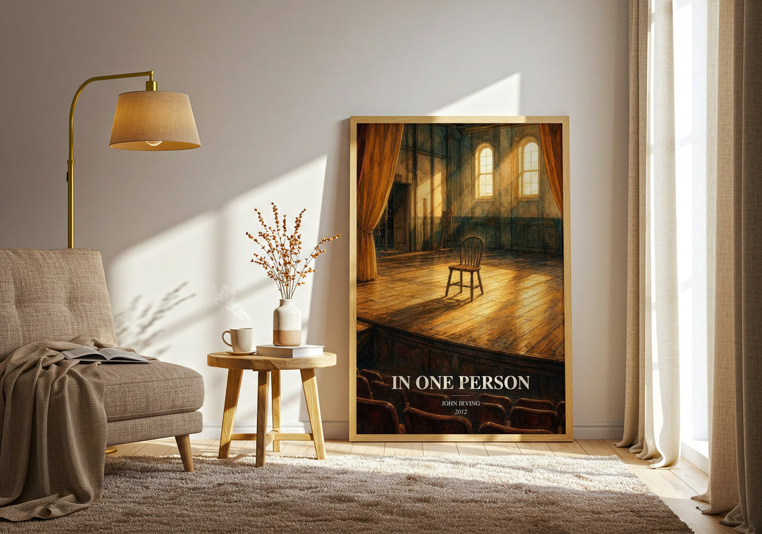 In One Person watercolour print in frame leaning in hallway – contemporary fiction wall art (mockup)