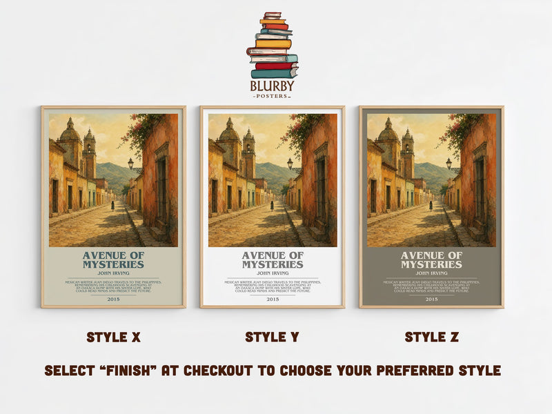 Avenue of Mysteries bookish print in frame leaning in hallway – literary fiction wall art