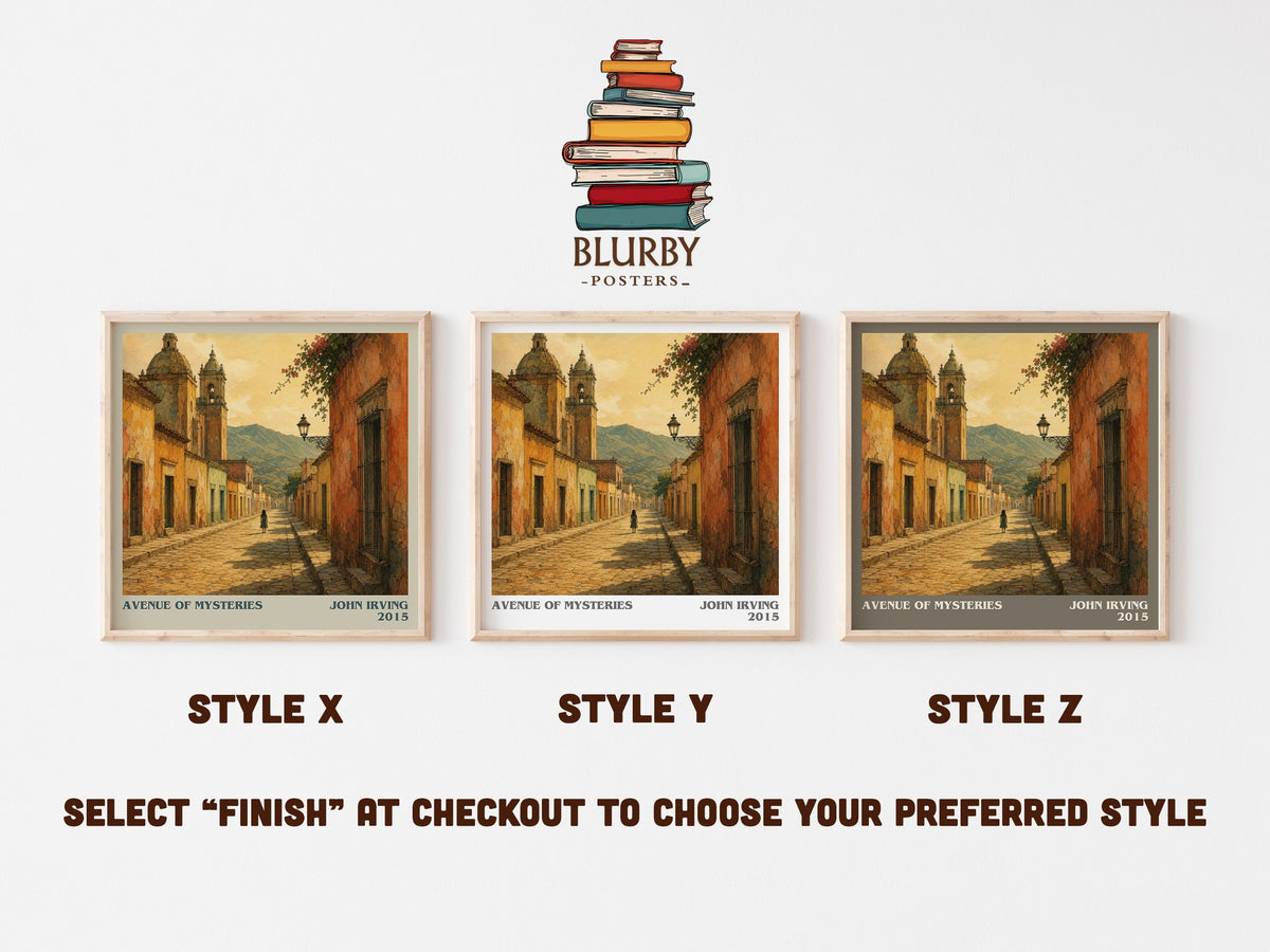 Avenue of Mysteries literary print in frame leaning in hallway – literary fiction wall art (mockup)