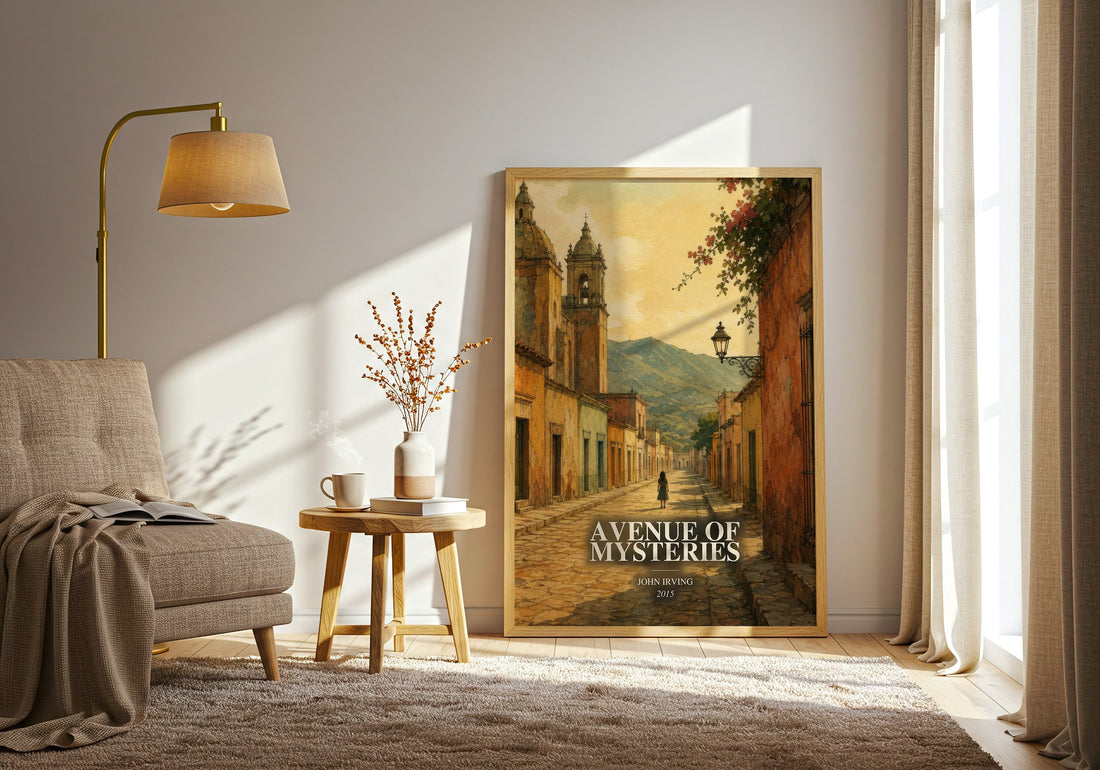 Avenue of Mysteries watercolour print in frame leaning in hallway – literary fiction wall art (mockup)