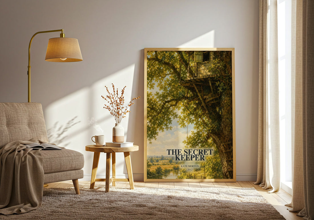 The Secret Keeper watercolour print in frame leaning in hallway – historical fiction wall art (mockup)