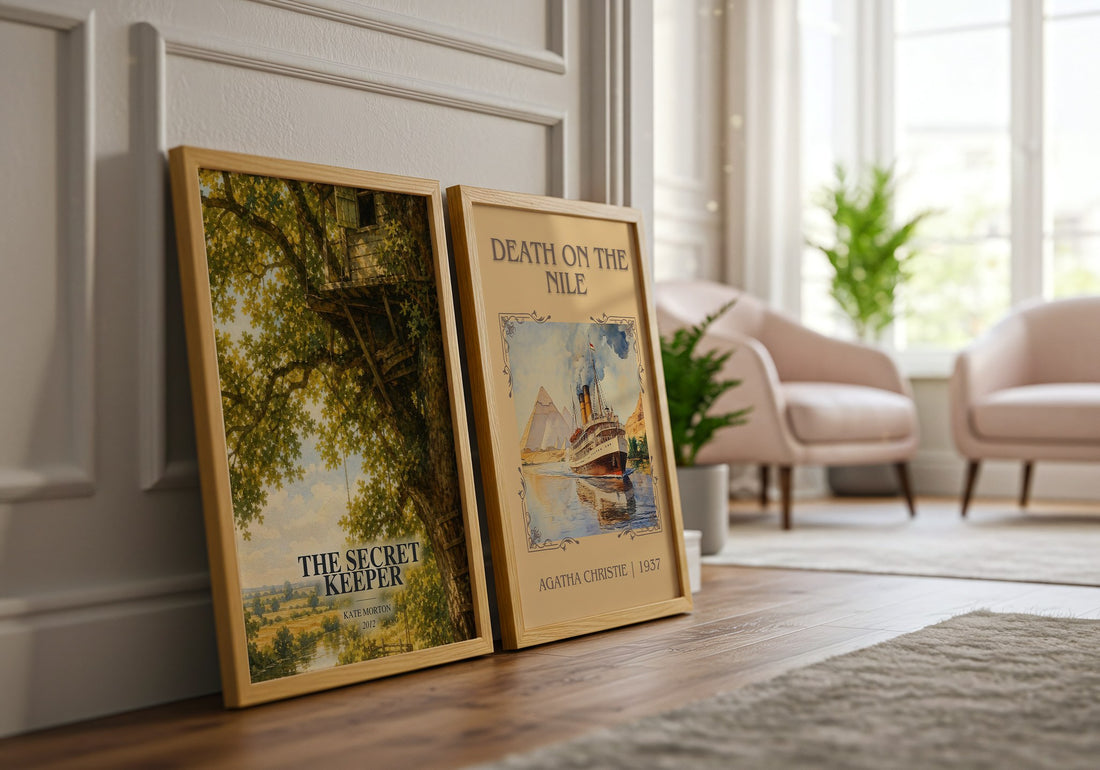 The Secret Keeper watercolour print framed by window – literary home decor