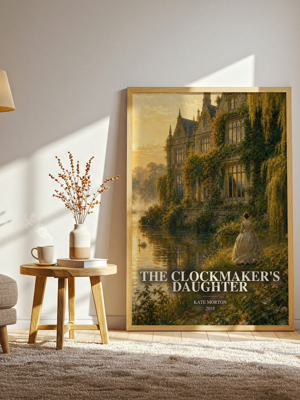 The Clockmaker's Daughter watercolour print in frame leaning in hallway – mystery wall art