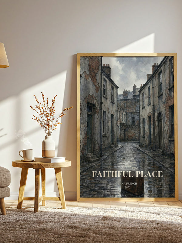 Faithful Place watercolour print in frame leaning in hallway – crime wall art