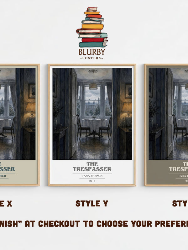 The Trespasser book cover print in frame leaning in hallway – crime wall art