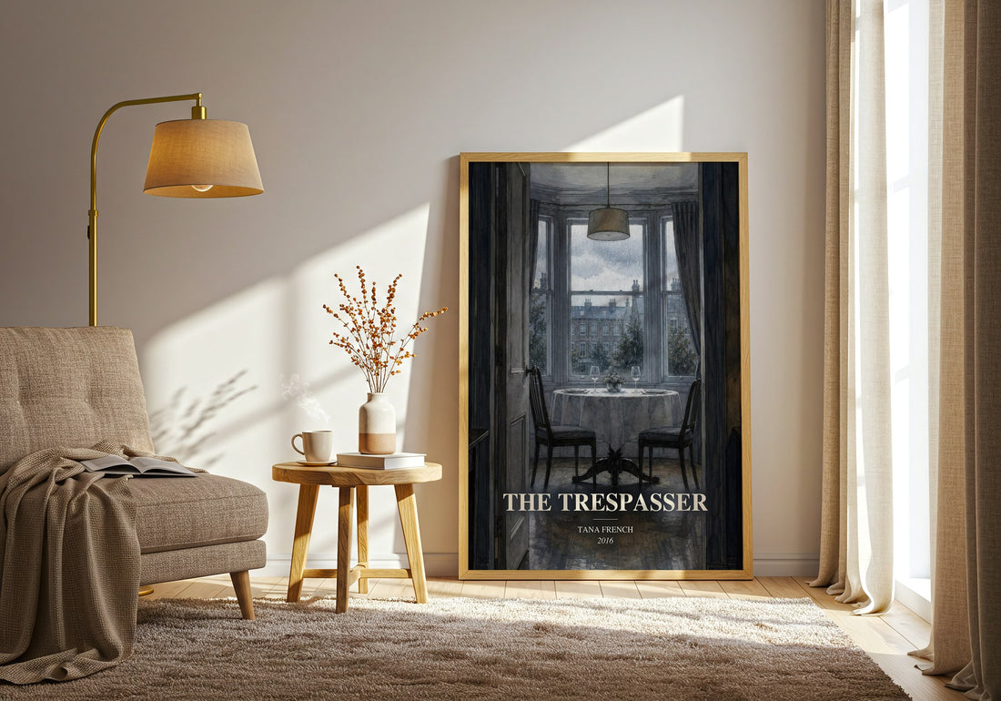 The Trespasser watercolour print in frame leaning in hallway – crime wall art (mockup)
