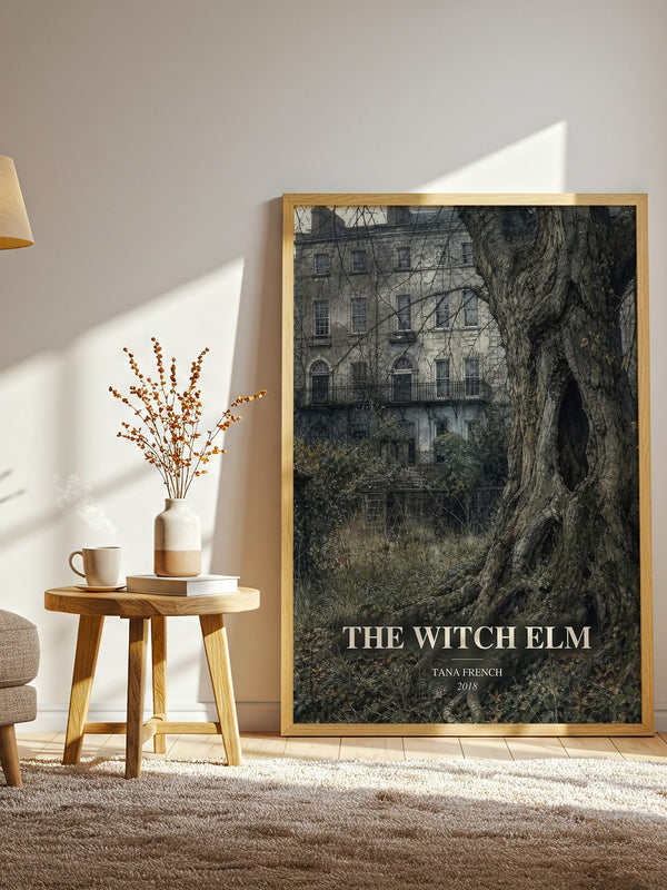 The Witch Elm watercolour print in frame leaning in hallway – thriller wall art