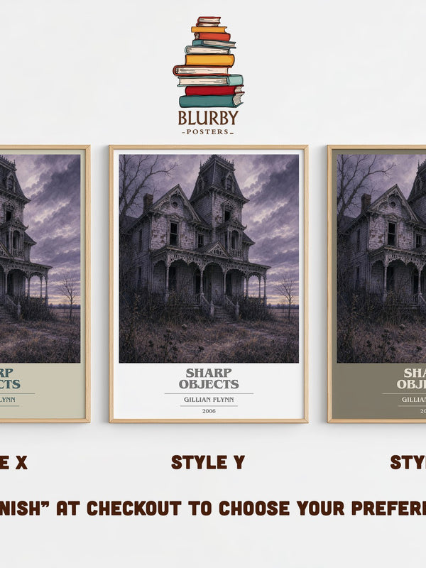 Sharp Objects book cover print in frame leaning in hallway – thriller wall art