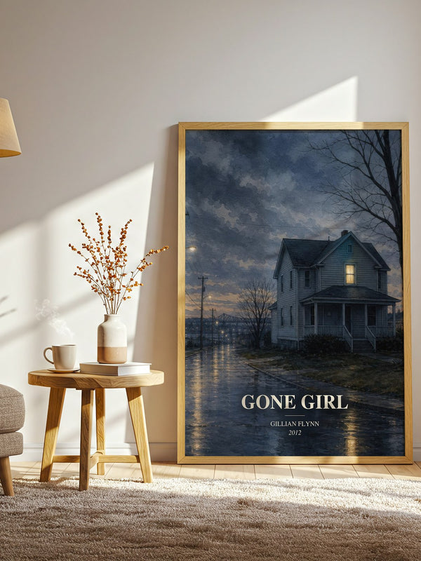 Gone Girl watercolour print in frame leaning in hallway – thriller wall art