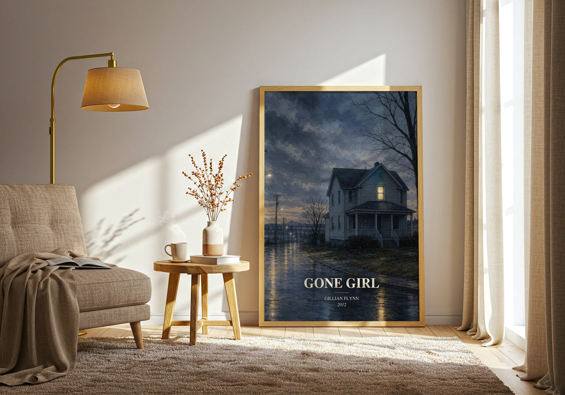 Gone Girl watercolour print in frame leaning in hallway – thriller wall art (mockup)