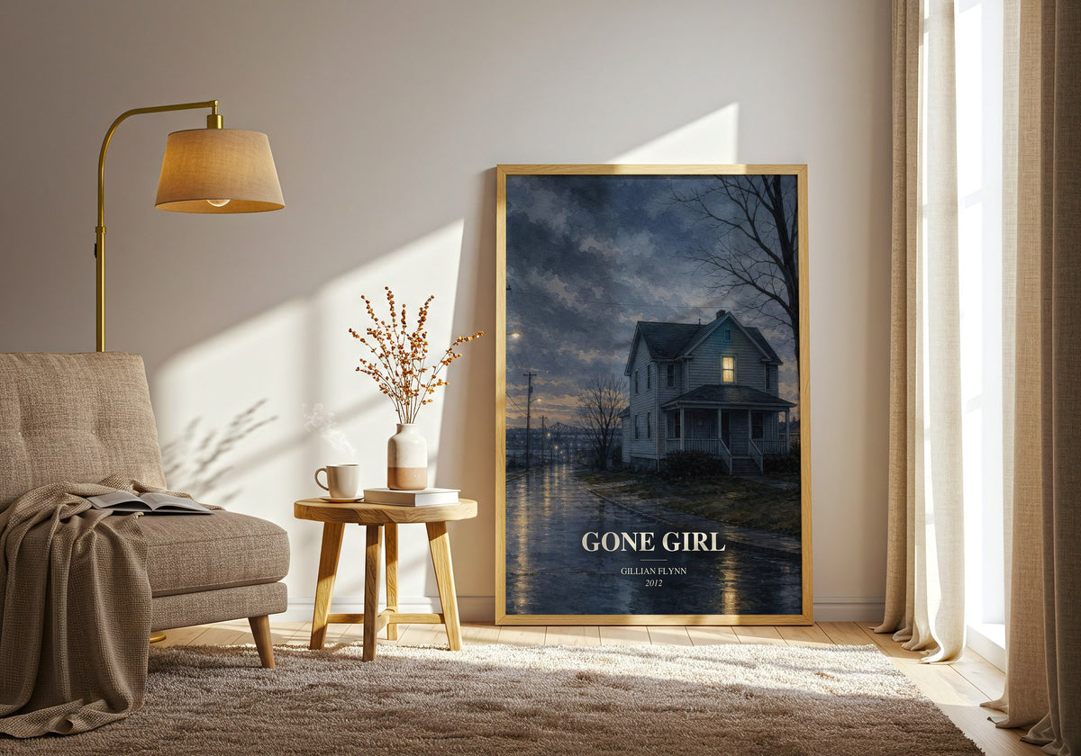 Gone Girl watercolour print in frame leaning in hallway – thriller wall art (mockup)