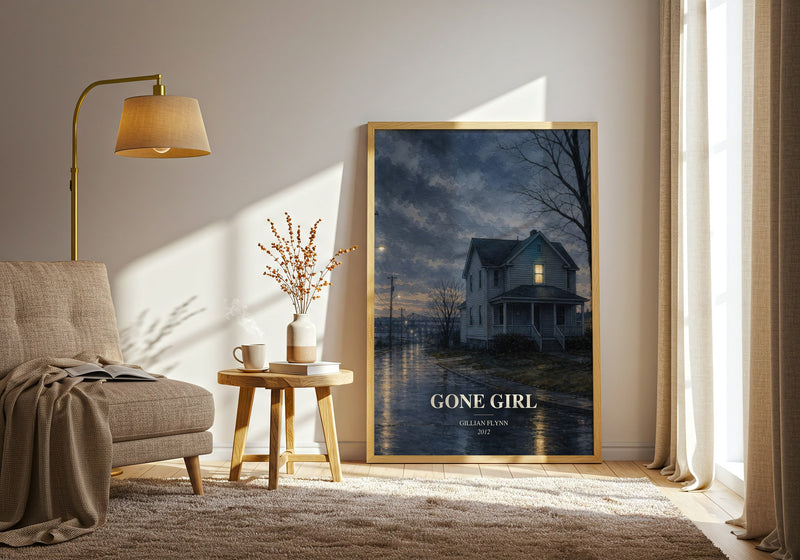 Gone Girl watercolour print in frame leaning in hallway – thriller wall art