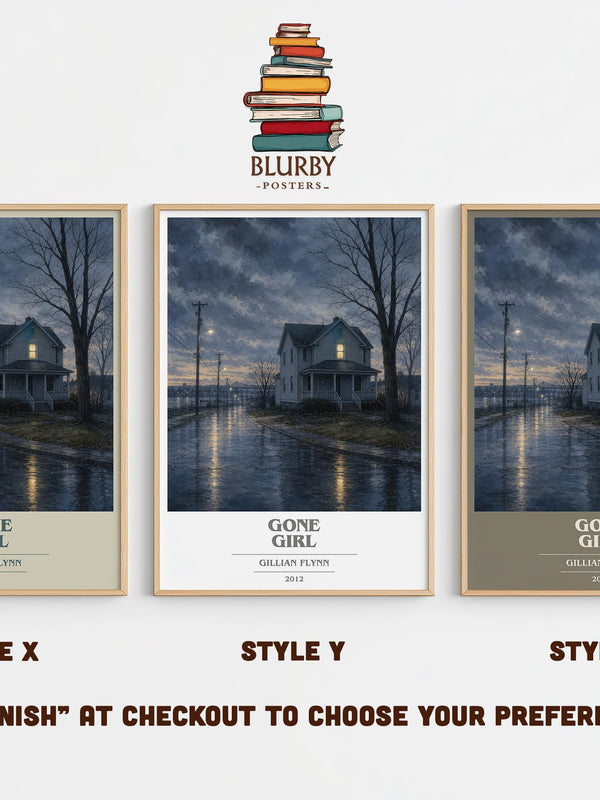 Gone Girl book cover print in frame leaning in hallway – thriller wall art