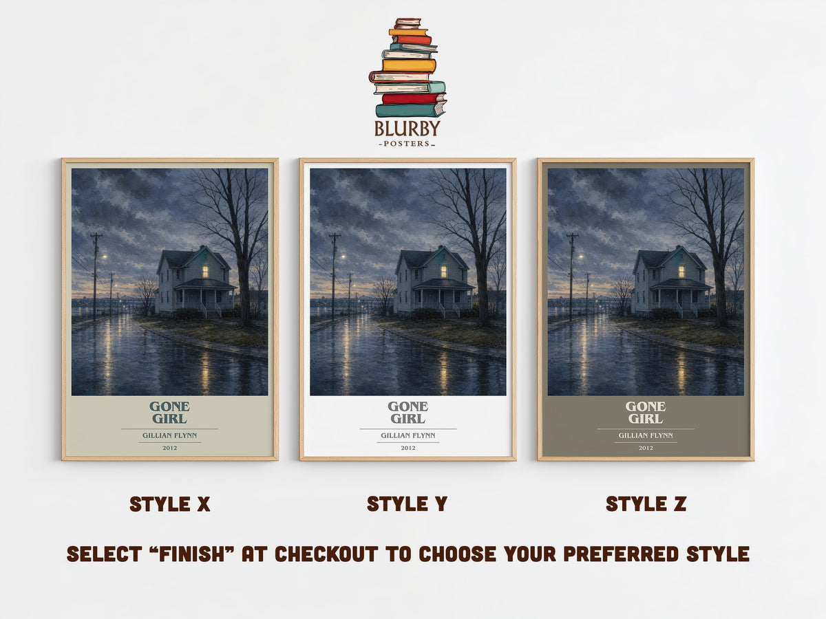 Gone Girl book cover print in frame leaning in hallway – thriller wall art (mockup)