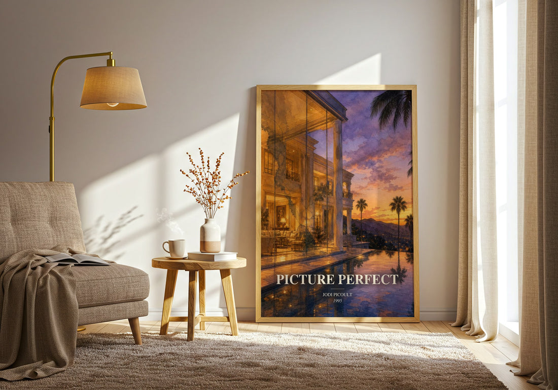 Picture Perfect watercolour print in frame leaning in hallway – contemporary fiction wall art (mockup)