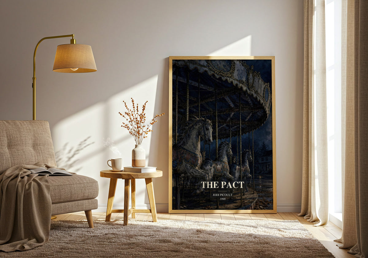 The Pact watercolour print in frame leaning in hallway – legal thriller wall art (mockup)