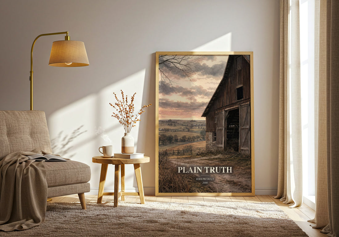Plain Truth watercolour print in frame leaning in hallway – legal thriller wall art (mockup)