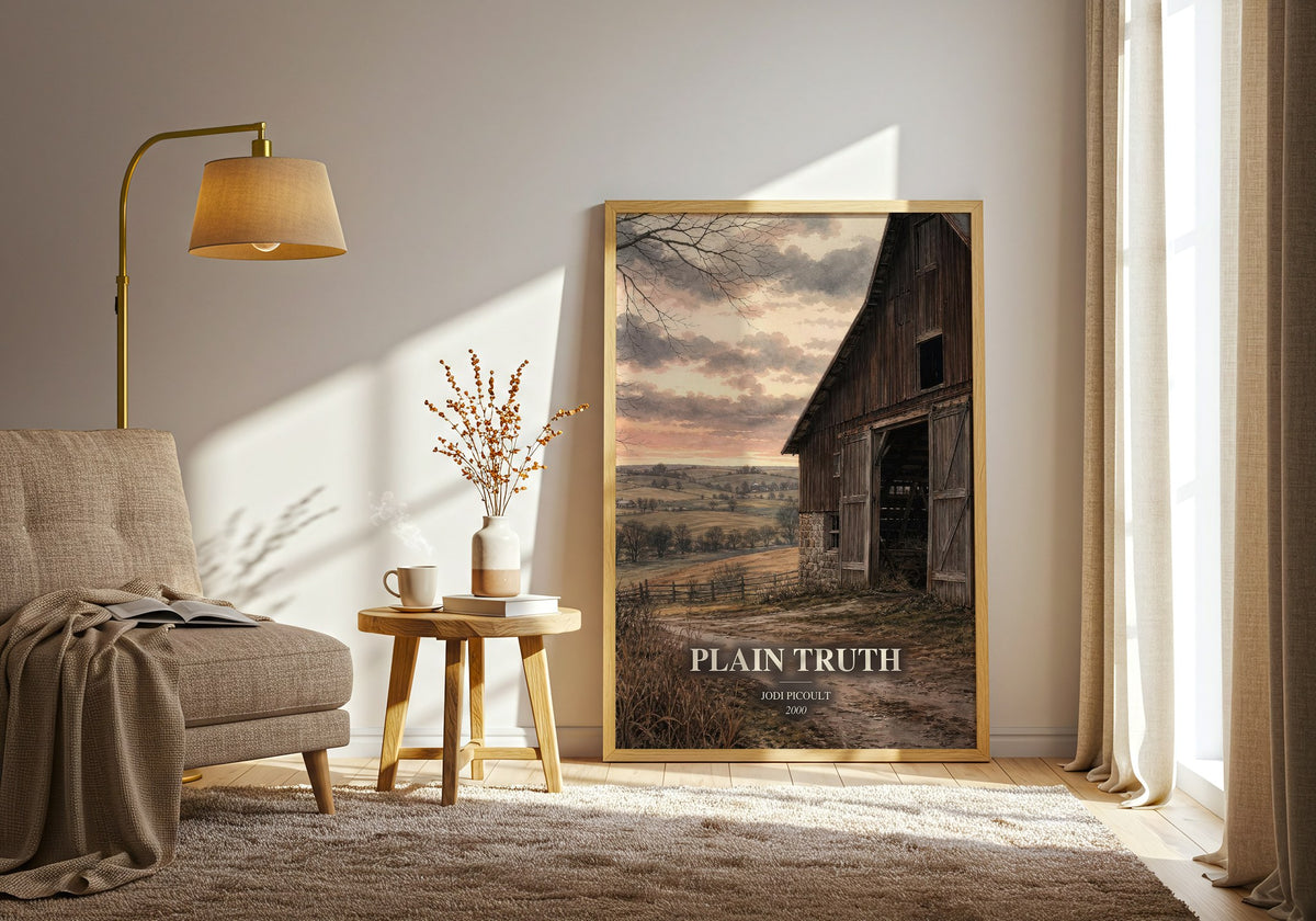 Plain Truth watercolour print in frame leaning in hallway – legal thriller wall art (mockup)