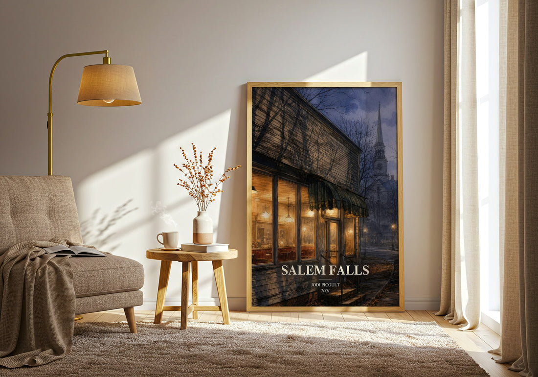 Salem Falls watercolour print in frame leaning in hallway – legal thriller wall art (mockup)