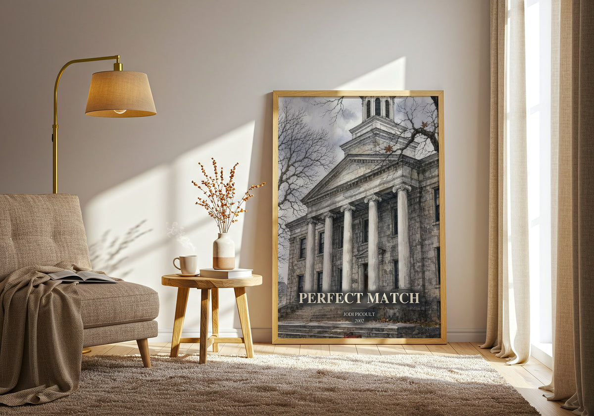 Perfect Match watercolour print in frame leaning in hallway – legal thriller wall art (mockup)