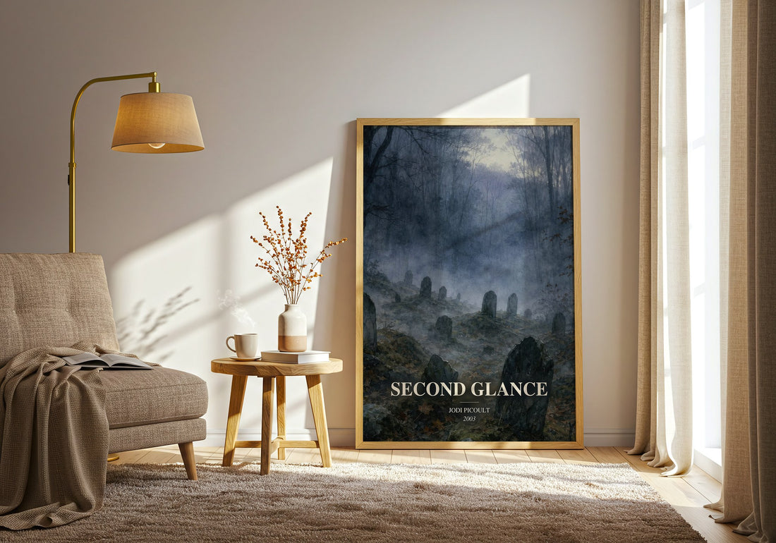 Second Glance watercolour print in frame leaning in hallway – contemporary fiction wall art (mockup)