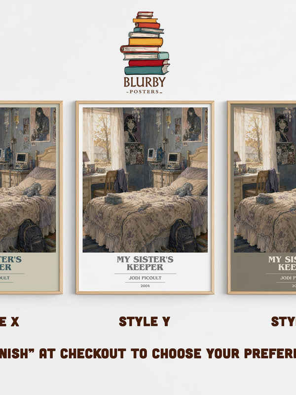 My Sister's Keeper book cover print in frame leaning in hallway – contemporary fiction wall art